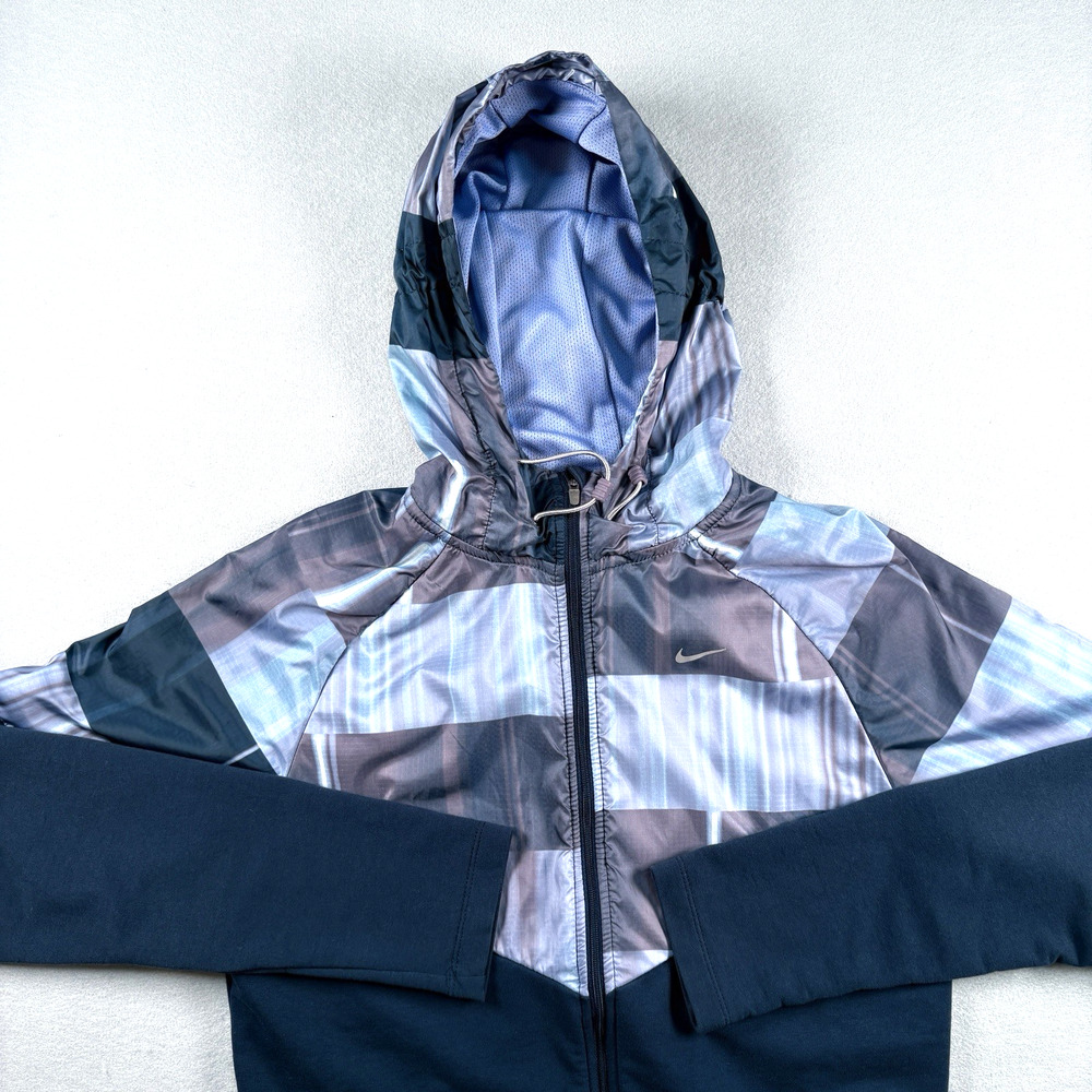 Nike Dri-FIT Womens Medium Running Jacket Navy Lavender Print Hooded Full Zip